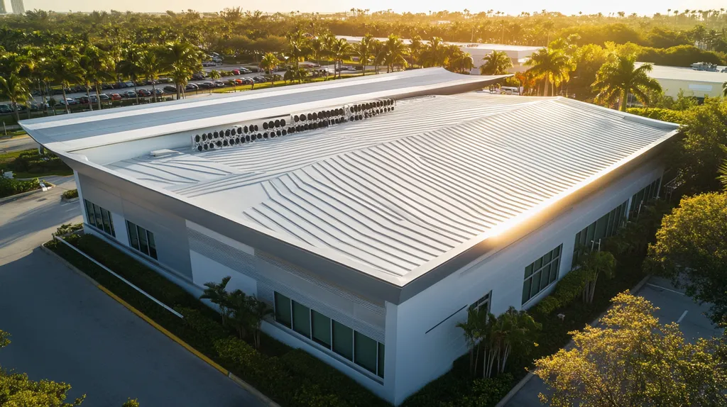 A commercial roof on a fitness gym in a location similar to Miami with a futuristic aesthetic (AI image)