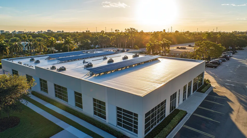 A commercial roof on a fitness gym in a location similar to Miami with a futuristic aesthetic (AI image)