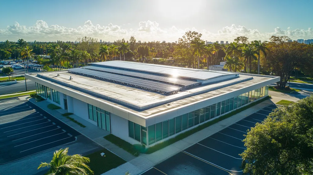 A commercial roof on a fitness gym in a location similar to Miami with a futuristic aesthetic (AI image)