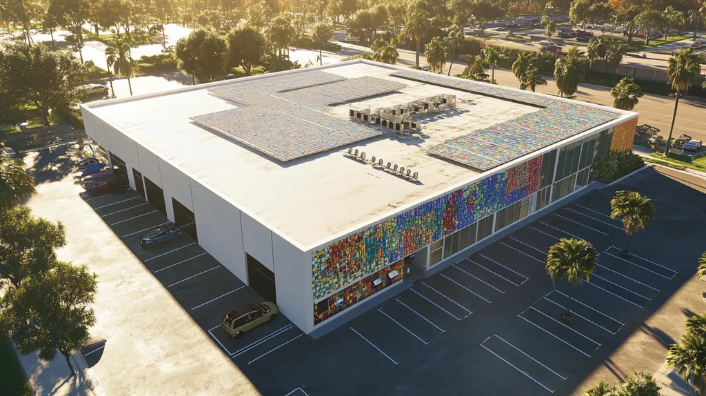 A commercial roof on a fitness gym in a location similar to Miami with a mosaic tile art aesthetic (AI image)