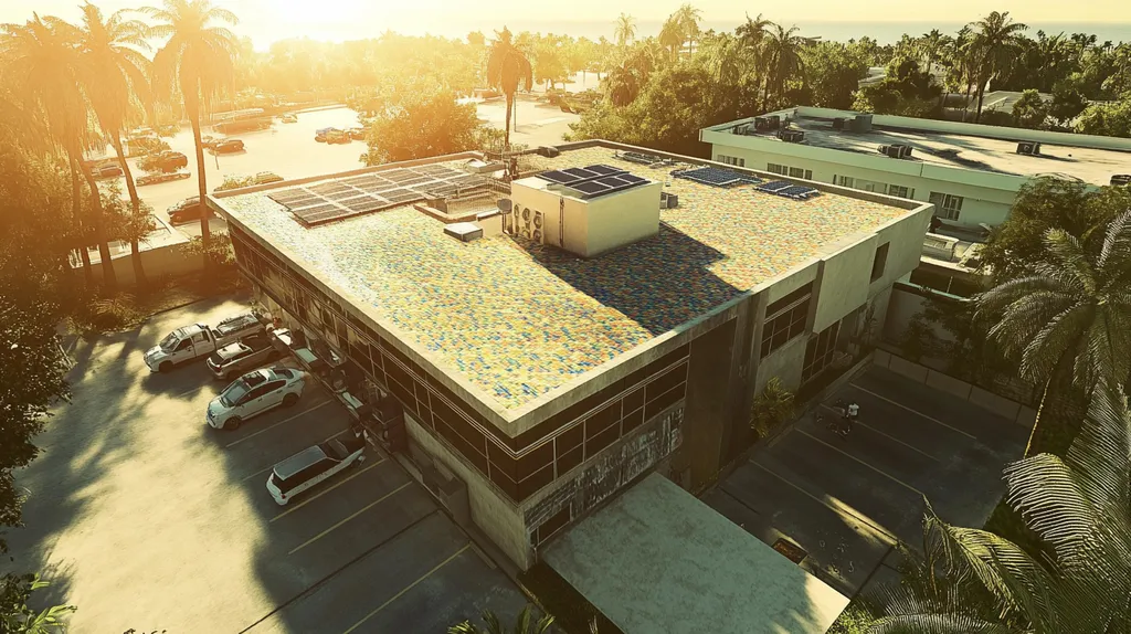 A commercial roof on a fitness gym in a location similar to Miami with a mosaic tile art aesthetic (AI image)