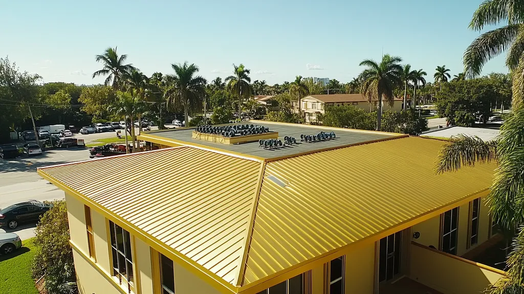 A commercial roof on a fitness gym in a location similar to Miami with a solid gold aesthetic (AI image)