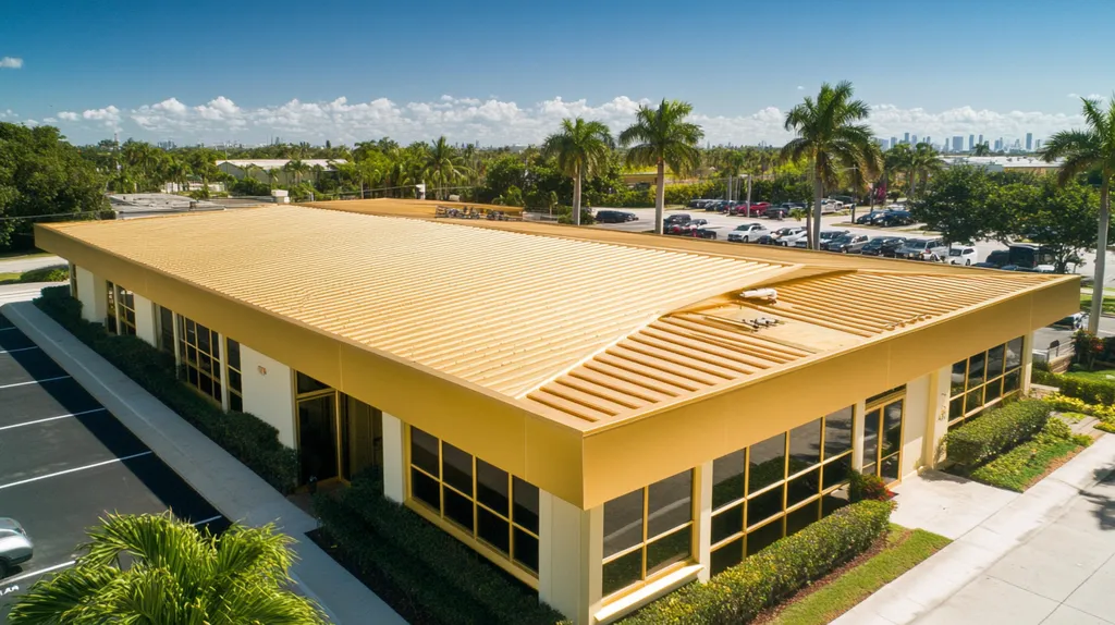 A commercial roof on a fitness gym in a location similar to Miami with a solid gold aesthetic (AI image)