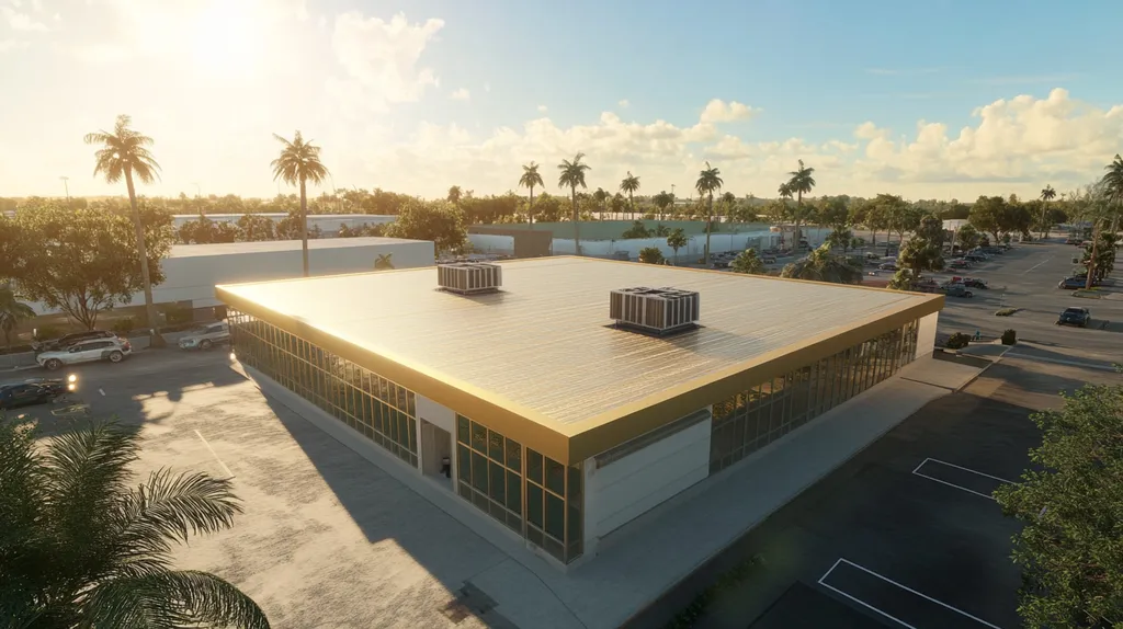 commercial-roof-fitness-gym-Miami-solid-gold-7f87210f-b752-4daf-91ca-10d91285ce6b-We-Coat_result.webp A commercial roof on a fitness gym in a location similar to Miami with a solid gold aesthetic (AI image)