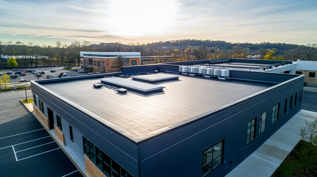 A commercial roof on a fitness gym in a location similar to Nashville with an architectural photography aesthetic (AI image)