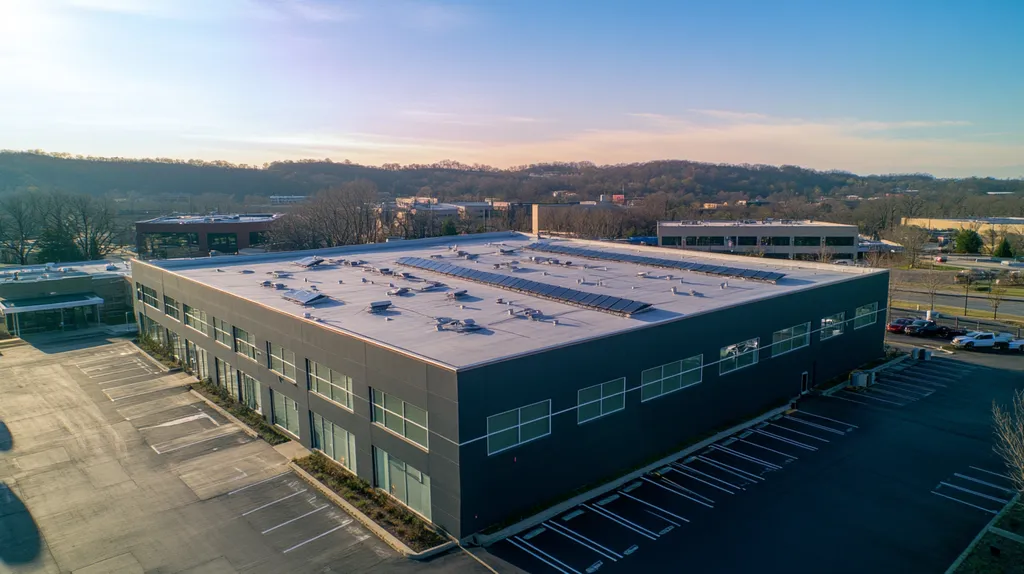 A commercial roof on a fitness gym in a location similar to Nashville with an architectural photography aesthetic (AI image)