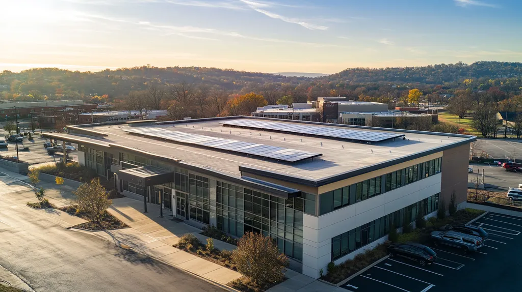 A commercial roof on a fitness gym in a location similar to Nashville with an architectural photography aesthetic (AI image)
