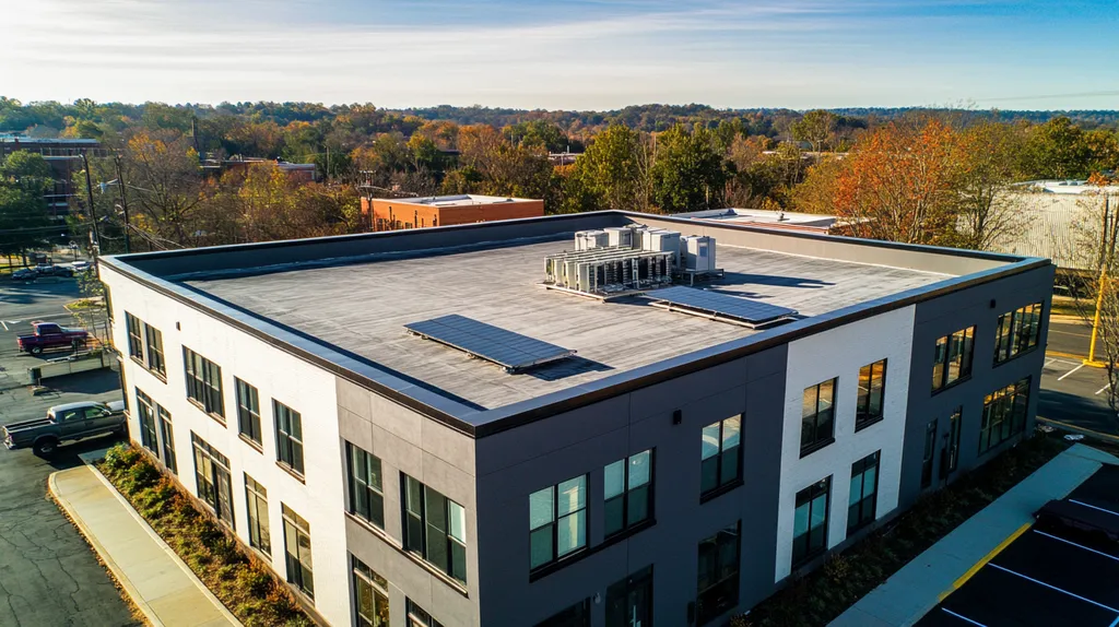 A commercial roof on a fitness gym in a location similar to Nashville with an architectural photography aesthetic (AI image)