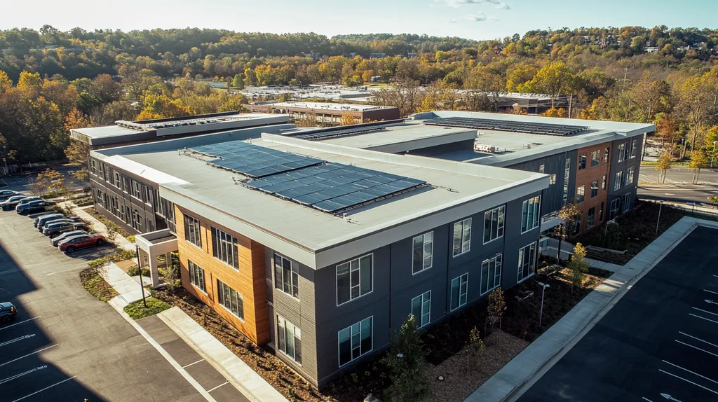 A commercial roof on a fitness gym in a location similar to Nashville with a cross-processed look aesthetic (AI image)