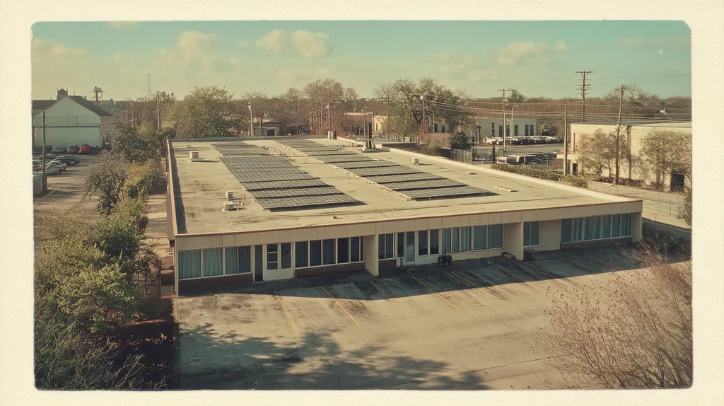 A commercial roof on a fitness gym in a location similar to New Orleans with a Polaroid aesthetic (AI image)