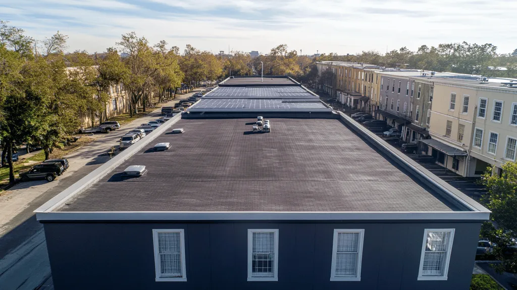 A commercial roof on a fitness gym in a location similar to New Orleans with an architectural photography aesthetic (AI image)