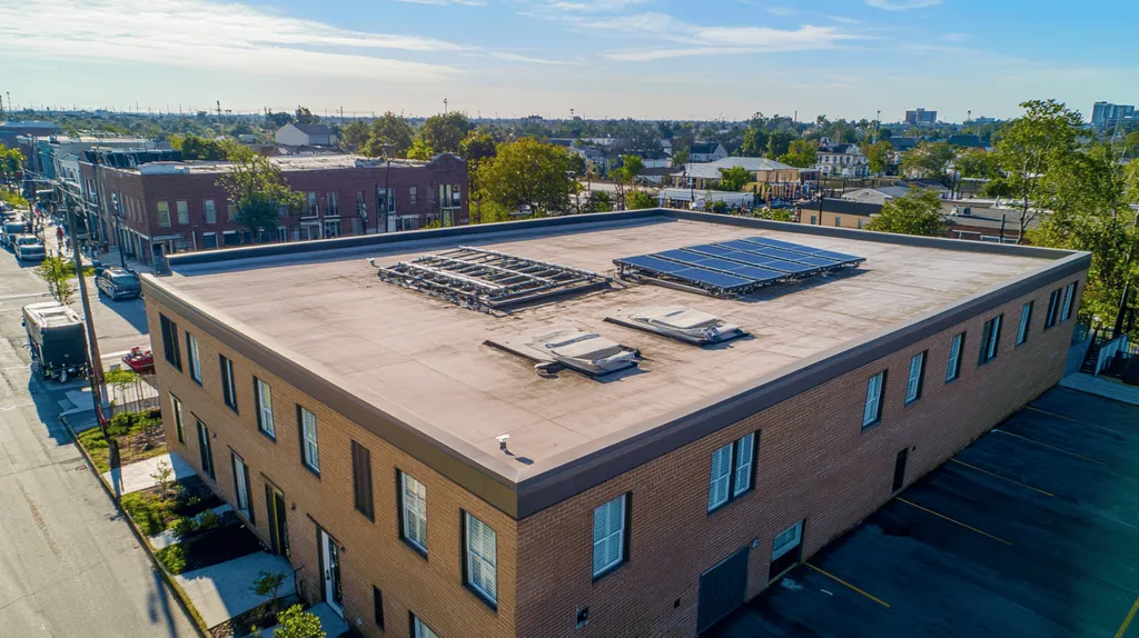 A commercial roof on a fitness gym in a location similar to New Orleans with an architectural photography aesthetic (AI image)