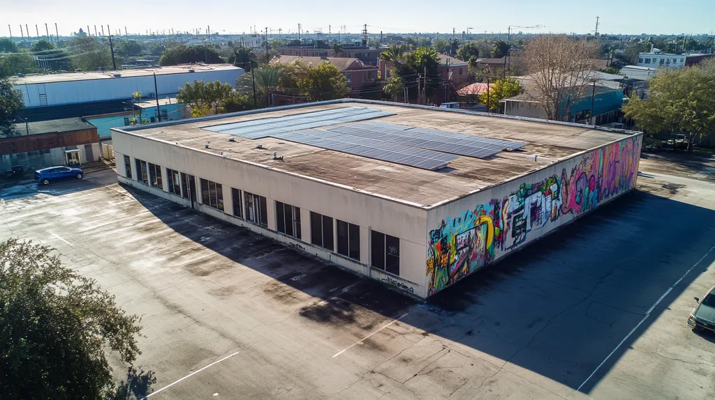 A commercial roof on a fitness gym in a location similar to New Orleans with a graffiti mural aesthetic (AI image)