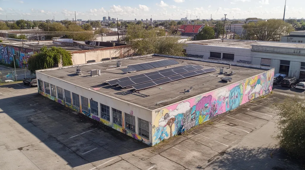 A commercial roof on a fitness gym in a location similar to New Orleans with a graffiti mural aesthetic (AI image)