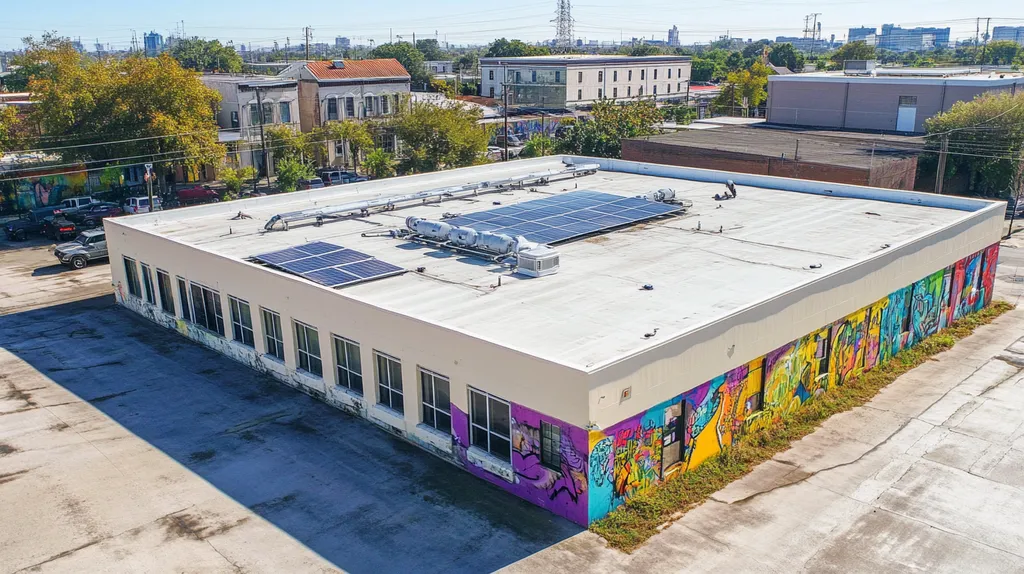 A commercial roof on a fitness gym in a location similar to New Orleans with a graffiti mural aesthetic (AI image)