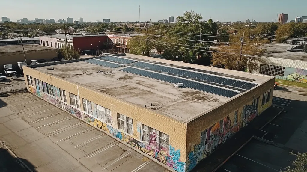 A commercial roof on a fitness gym in a location similar to New Orleans with a graffiti mural aesthetic (AI image)