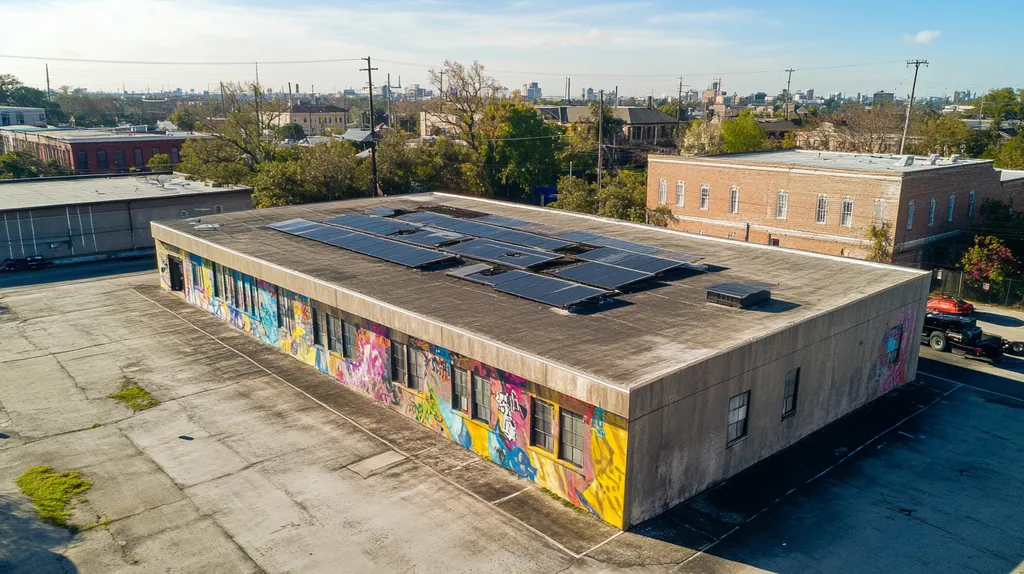 A commercial roof on a fitness gym in a location similar to New Orleans with a graffiti mural aesthetic (AI image)