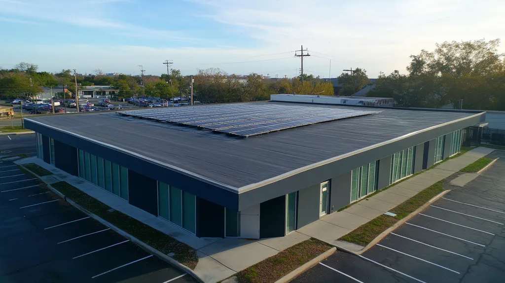 A commercial roof on a fitness gym in a location similar to New Orleans with a rainy day aesthetic (AI image)