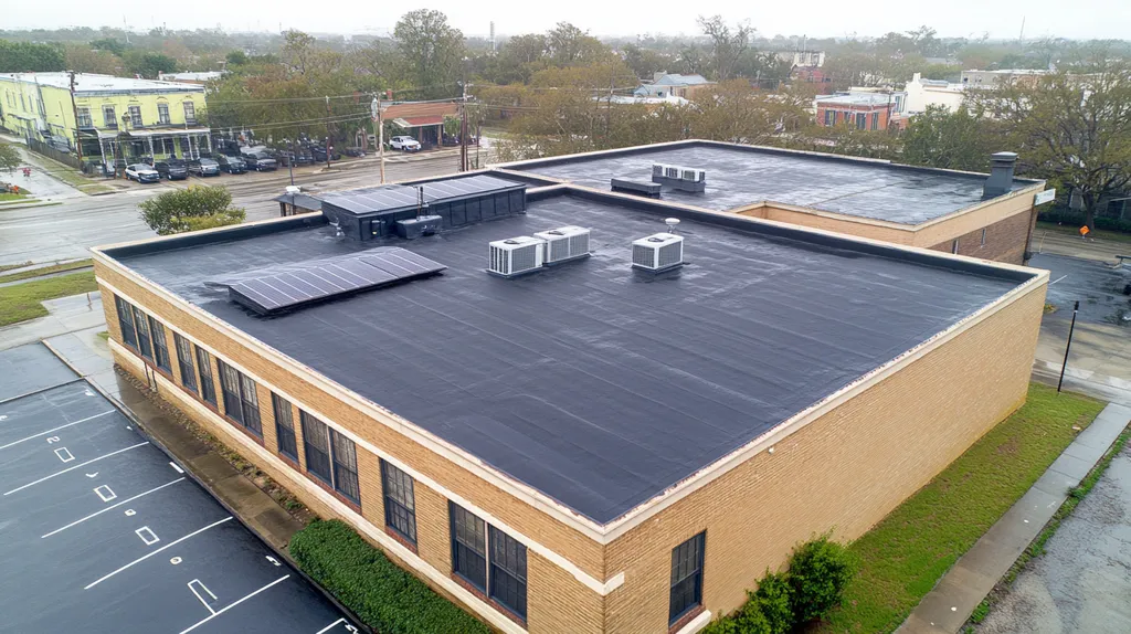 A commercial roof on a fitness gym in a location similar to New Orleans with a rainy day aesthetic (AI image)