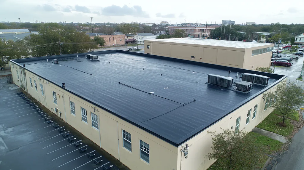 A commercial roof on a fitness gym in a location similar to New Orleans with a rainy day aesthetic (AI image)