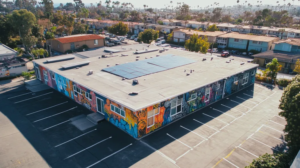 A commercial roof on a fitness gym in a location similar to Newport Beach with a graffiti mural aesthetic (AI image)