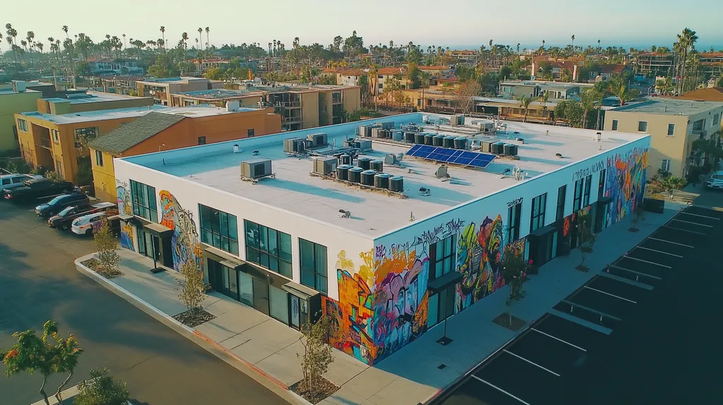 A commercial roof on a fitness gym in a location similar to Newport Beach with a graffiti mural aesthetic (AI image)