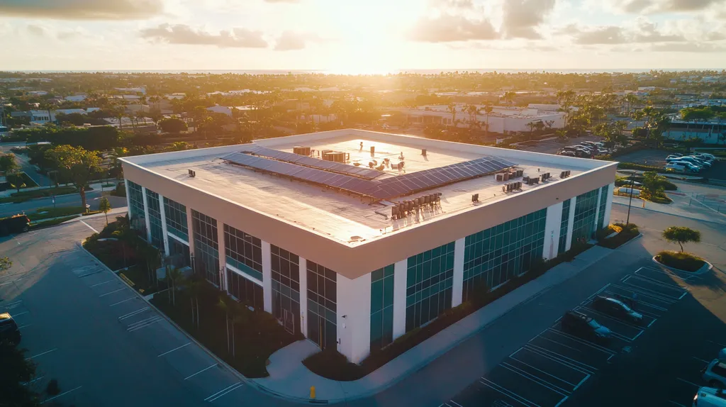 A commercial roof on a fitness gym in a location similar to Newport Beach with a light beams aesthetic (AI image)