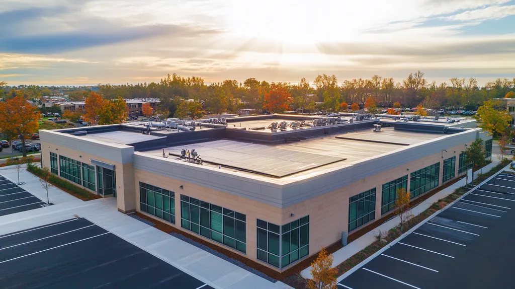 A commercial roof on a fitness gym in a location similar to Newport Beach with a light beams aesthetic (AI image)