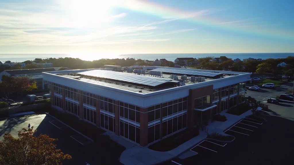A commercial roof on a fitness gym in a location similar to Newport, Rhode Island with a light beams aesthetic (AI image)