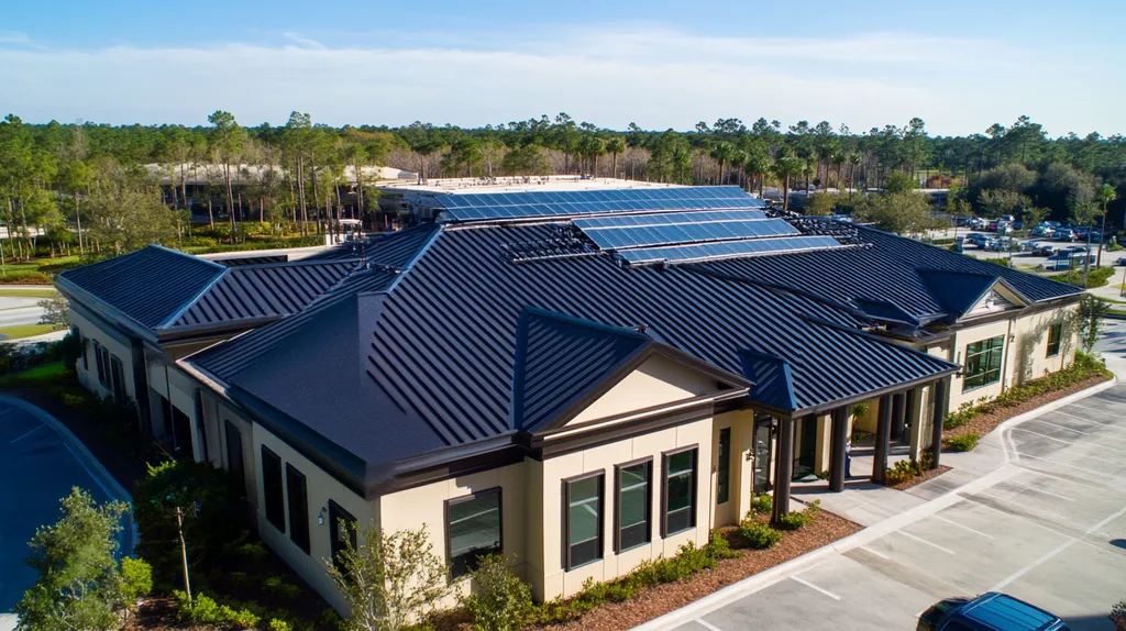 A commercial roof on a fitness gym in a location similar to Orlando with a color highlight aesthetic (AI image)