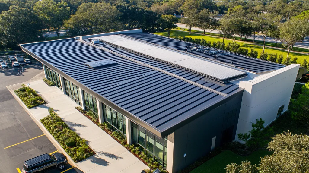 A commercial roof on a fitness gym in a location similar to Orlando with a futuristic aesthetic (AI image)