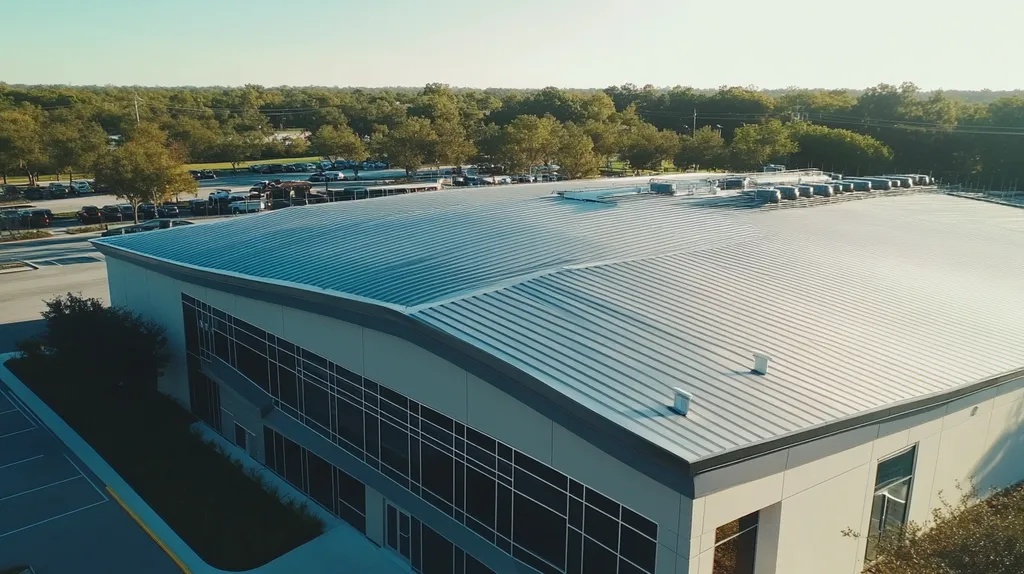 A commercial roof on a fitness gym in a location similar to Orlando with a futuristic aesthetic (AI image)
