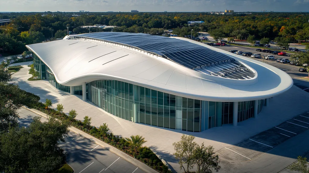 A commercial roof on a fitness gym in a location similar to Orlando with a futuristic aesthetic (AI image)