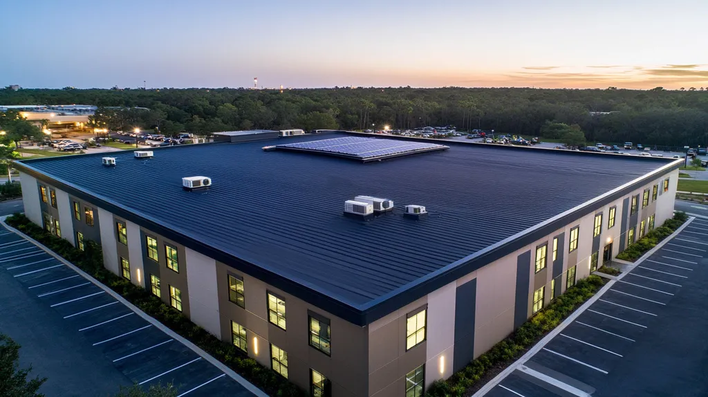 A commercial roof on a fitness gym in a location similar to Orlando with an illuminated nightscape aesthetic (AI image)