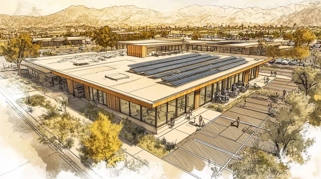 A commercial roof on a fitness gym in a location similar to Palm Springs with an architectural sketch rendering aesthetic (AI image)