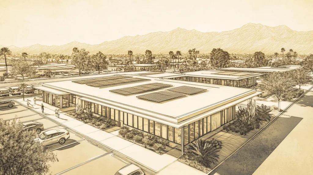 A commercial roof on a fitness gym in a location similar to Palm Springs with an architectural sketch rendering aesthetic (AI image)