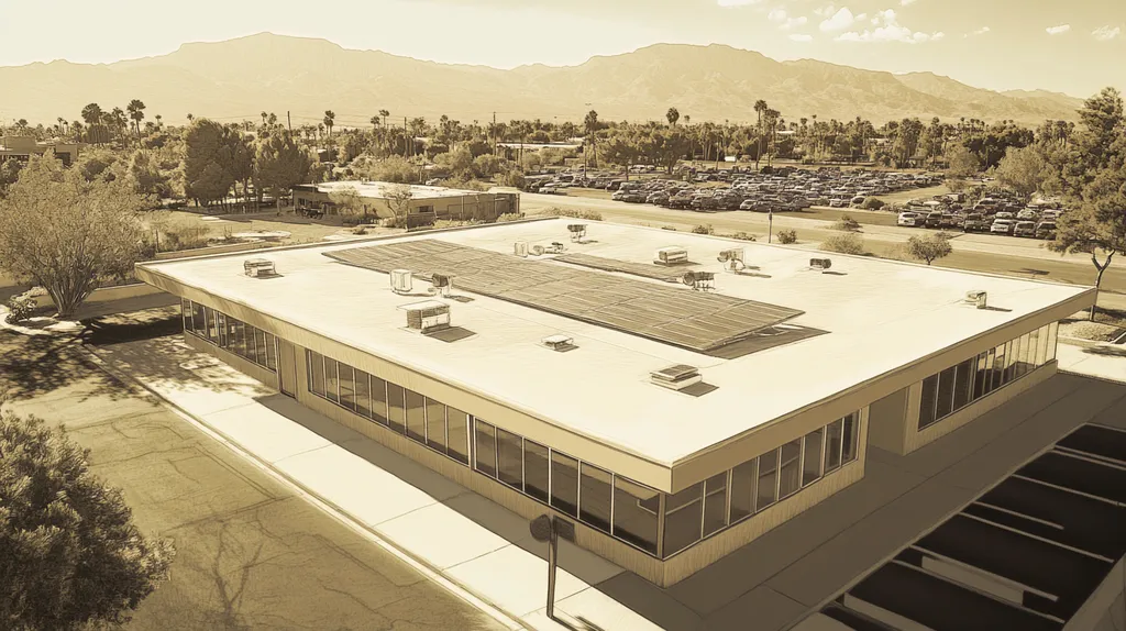A commercial roof on a fitness gym in a location similar to Palm Springs with an architectural sketch rendering aesthetic (AI image)
