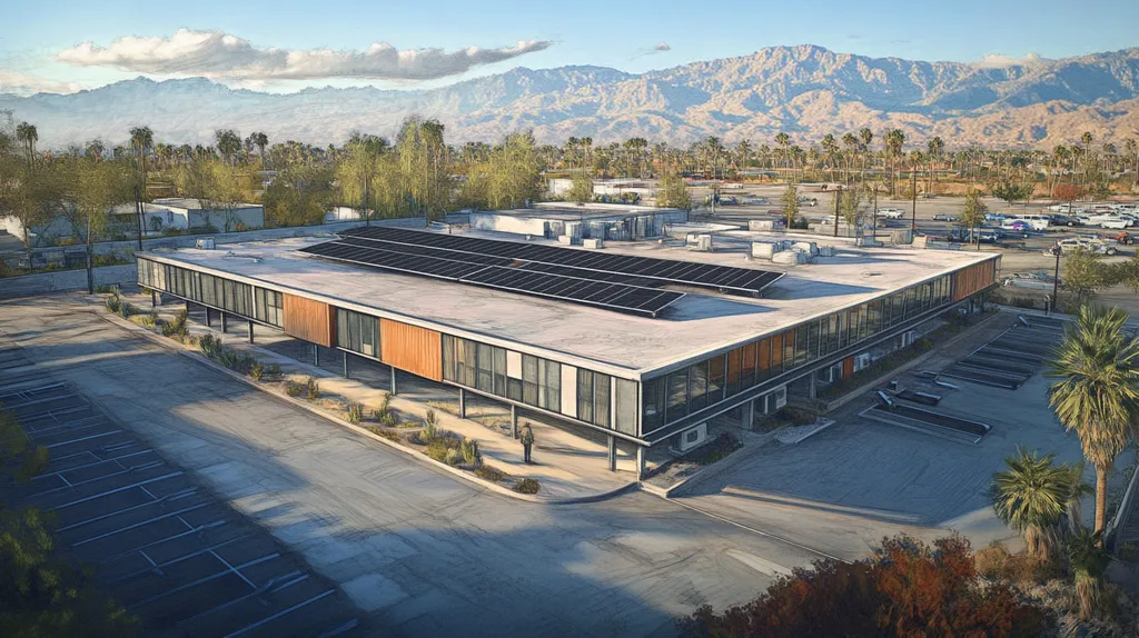 A commercial roof on a fitness gym in a location similar to Palm Springs with a charcoal sketch aesthetic (AI image)