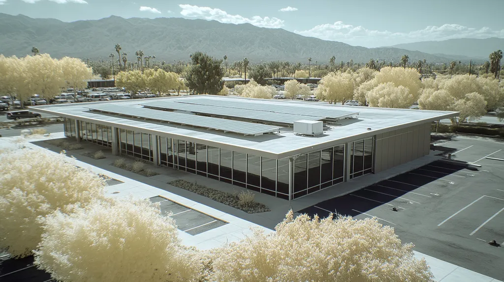 A commercial roof on a fitness gym in a location similar to Palm Springs with an infrared photography aesthetic (AI image)