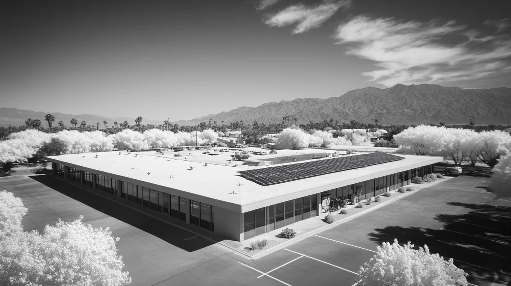 A commercial roof on a fitness gym in a location similar to Palm Springs with an infrared photography aesthetic (AI image)