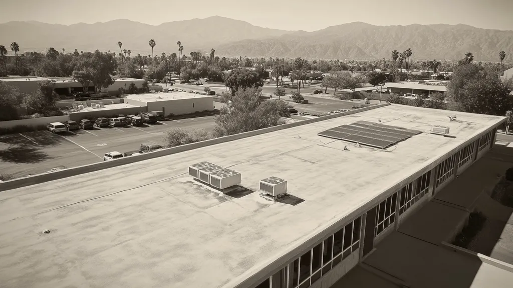 A commercial roof on a fitness gym in a location similar to Palm Springs with a tintype aesthetic (AI image)