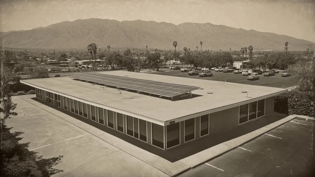 A commercial roof on a fitness gym in a location similar to Palm Springs with a tintype aesthetic (AI image)
