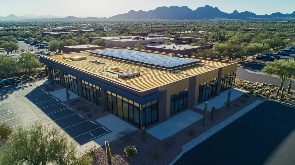 A commercial roof on a fitness gym in a location similar to Phoenix with a solid gold aesthetic (AI image)