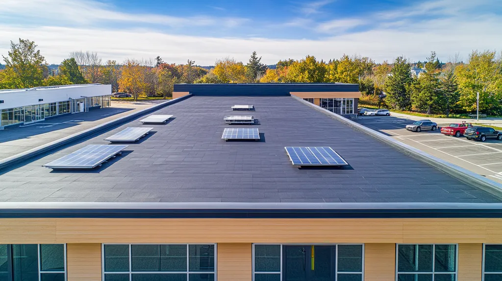 A commercial roof on a fitness gym in a location similar to Portland, Maine with an architectural photography aesthetic (AI image)