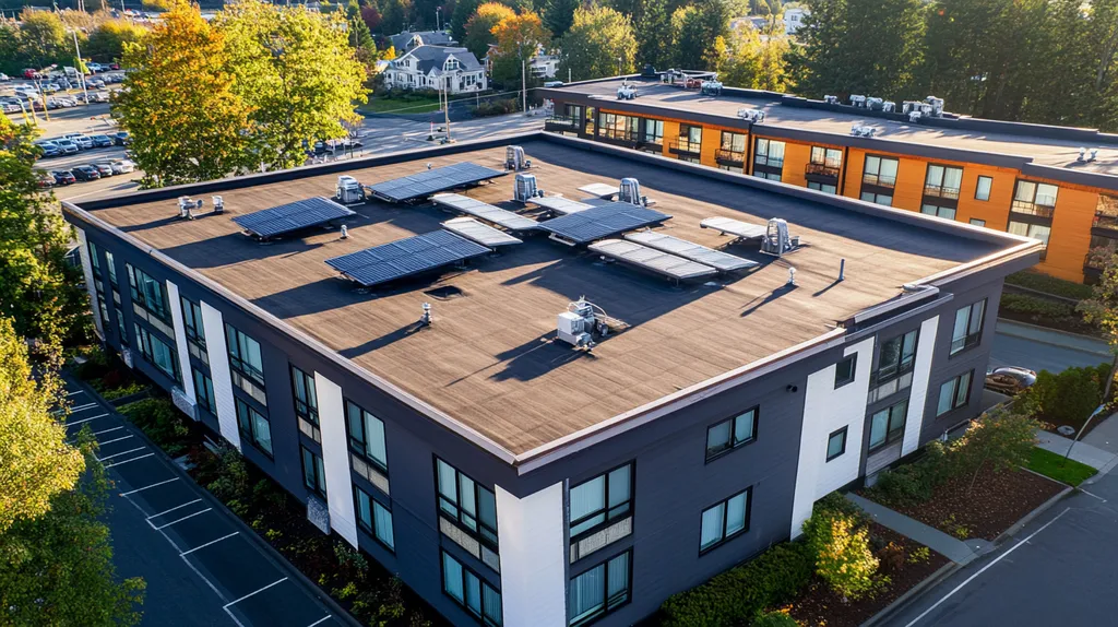 A commercial roof on a fitness gym in a location similar to Portland, Maine with an architectural photography aesthetic (AI image)