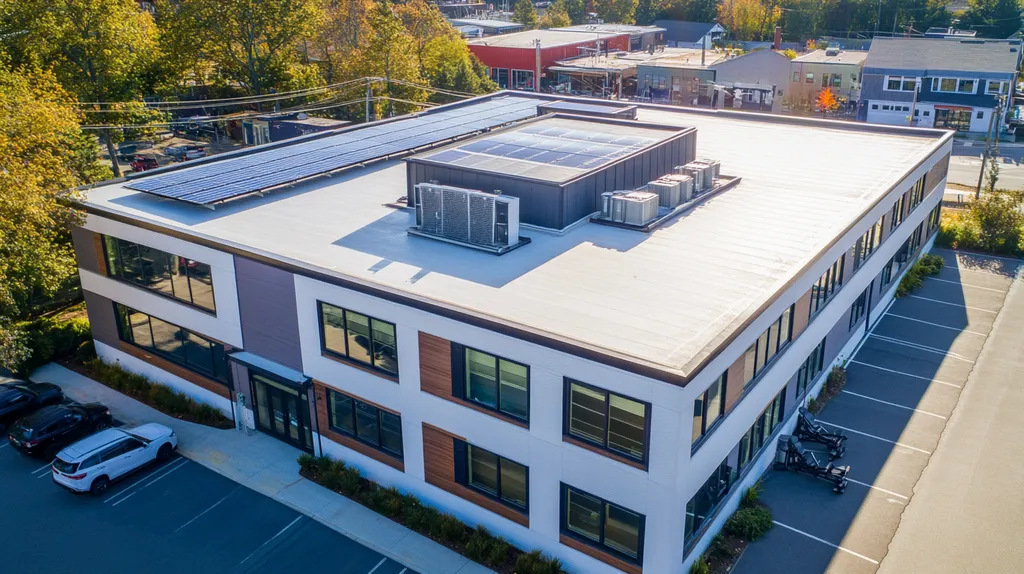 A commercial roof on a fitness gym in a location similar to Portland, Maine with an architectural photography aesthetic (AI image)