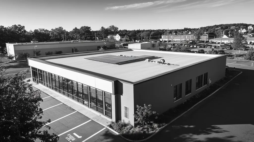 A commercial roof on a fitness gym in a location similar to Portland, Maine with a black and white photography aesthetic (AI image)