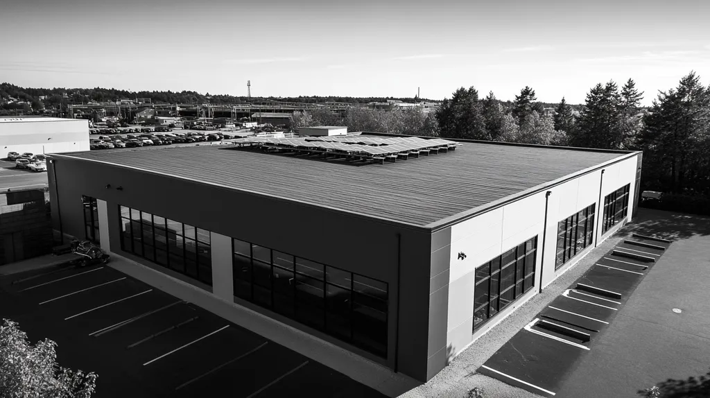 A commercial roof on a fitness gym in a location similar to Portland, Maine with a black and white photography aesthetic (AI image)