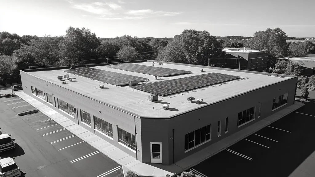 A commercial roof on a fitness gym in a location similar to Portland, Maine with a black and white photography aesthetic (AI image)