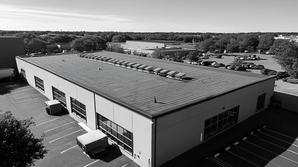 A commercial roof on a fitness gym in a location similar to Portland, Maine with a black and white photography aesthetic (AI image)